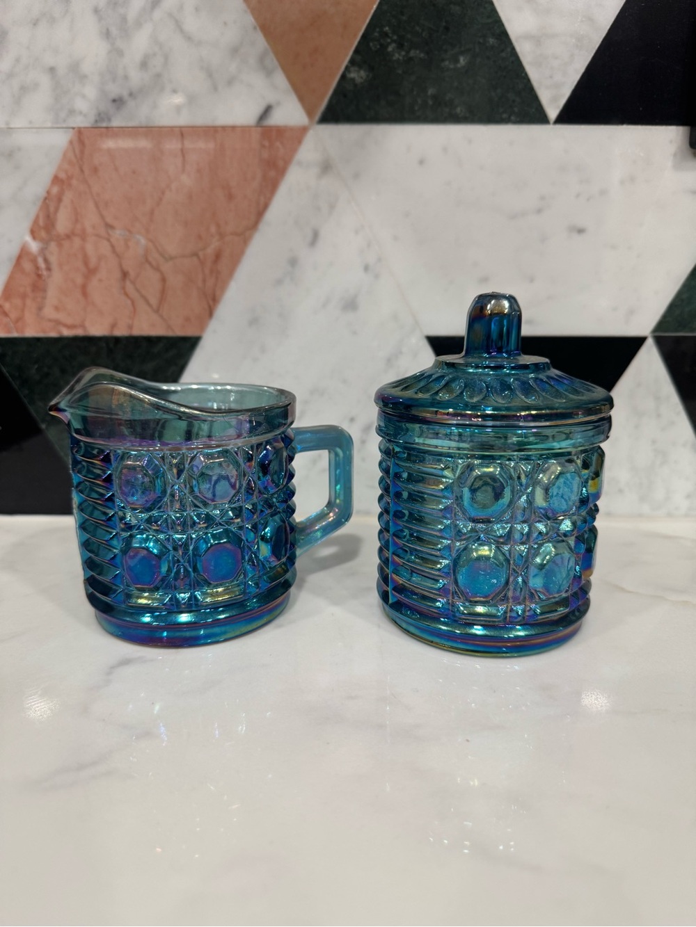 Vintage Indiana Iridescent Blue Carnival Glass Creamer and Covered Sugar Set